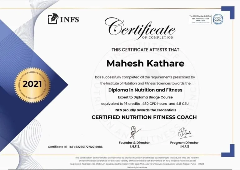 Certificate of Diploma in Nutrition and Fitness Sciences from INFS